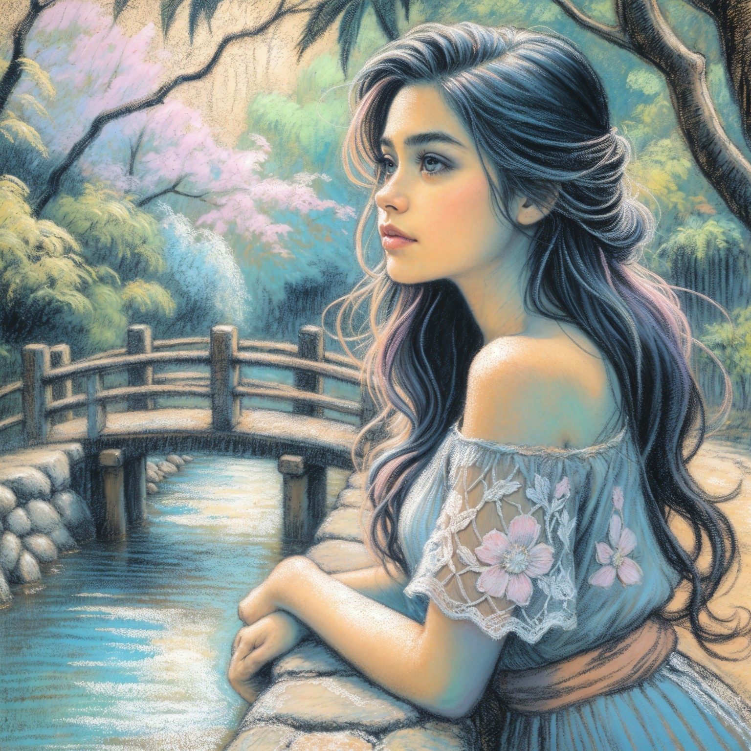 Young Woman by Stone Bridge in Tranquil Setting