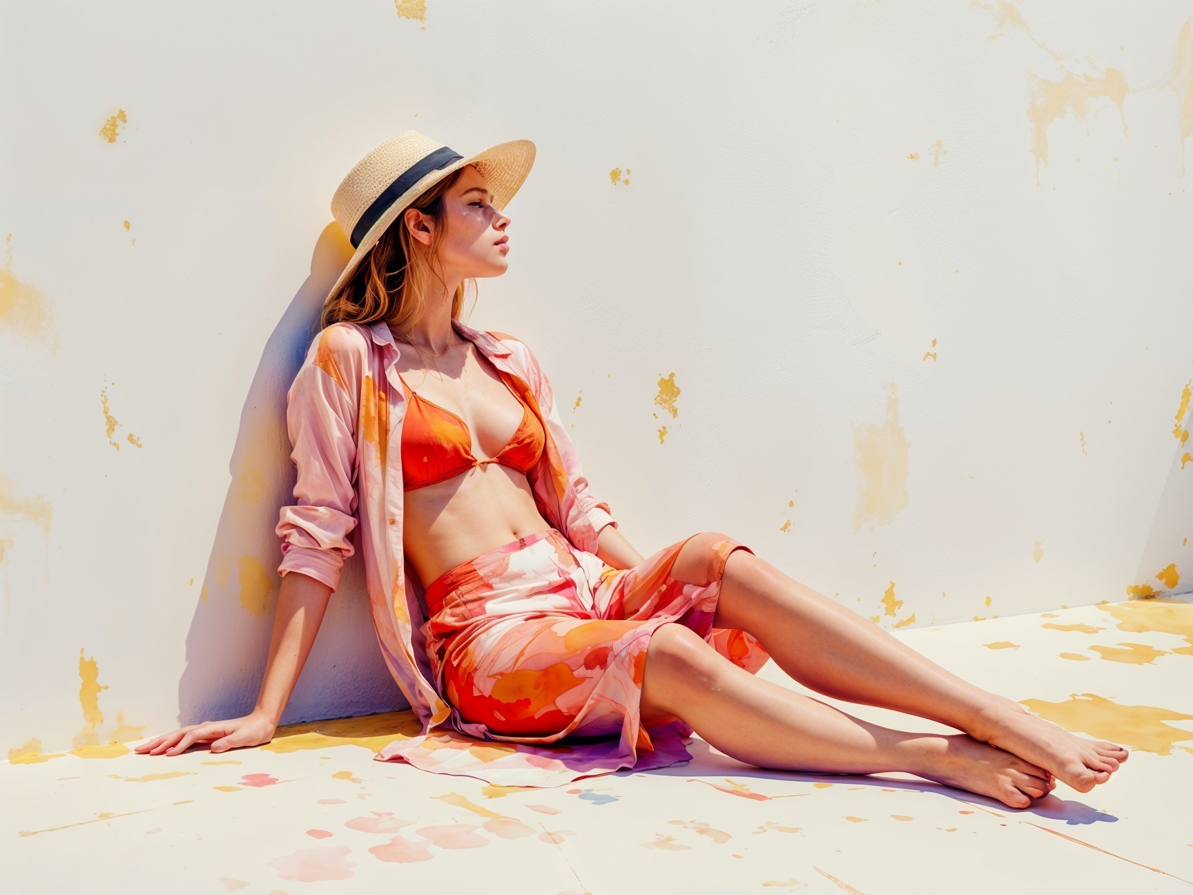 Young Woman in Vibrant Summer Outfit by Sunlit Wall