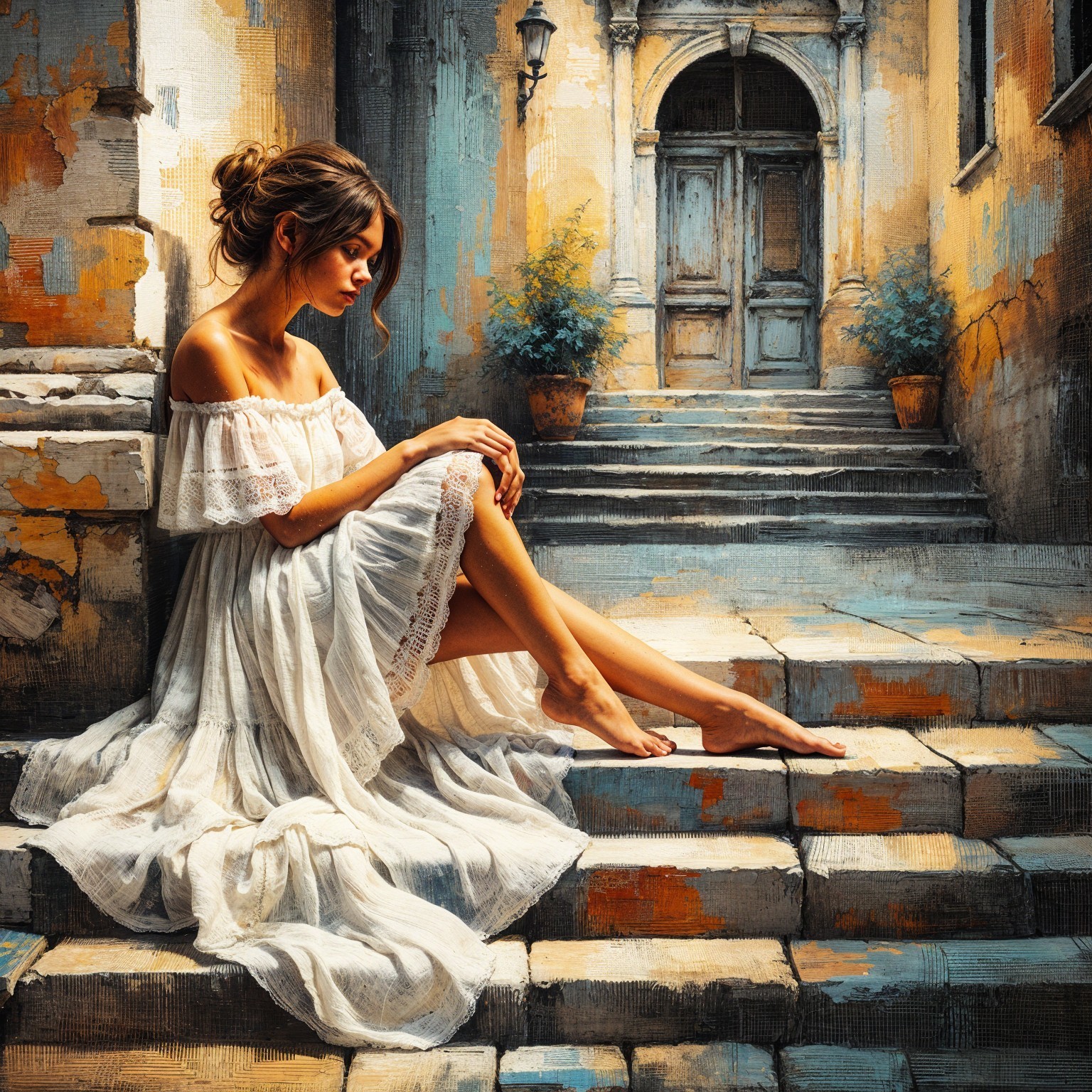 Young Woman in White Dress on Rustic Stone Steps