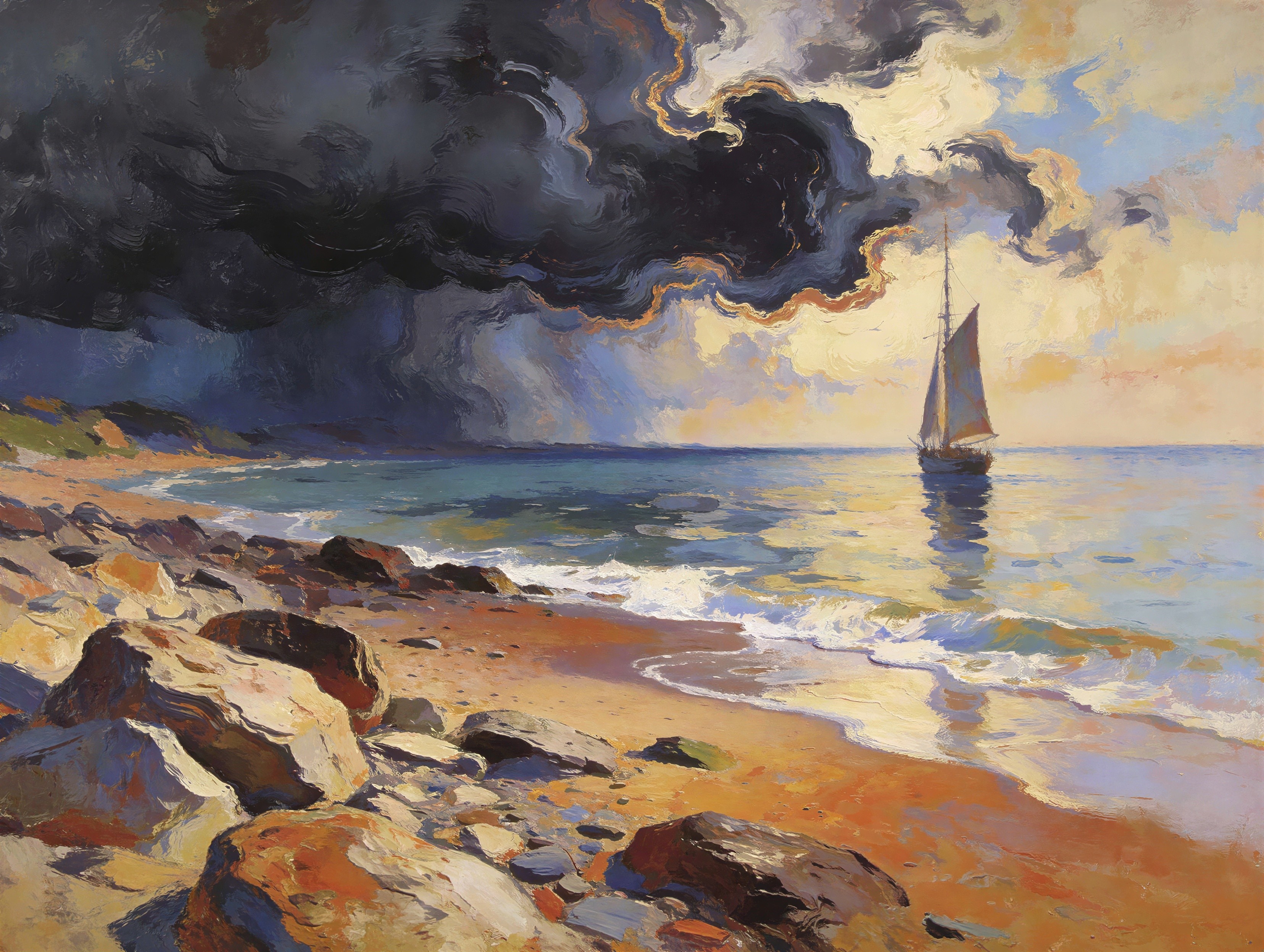 Impressionistic Oil Painting of Sailboat in Storm