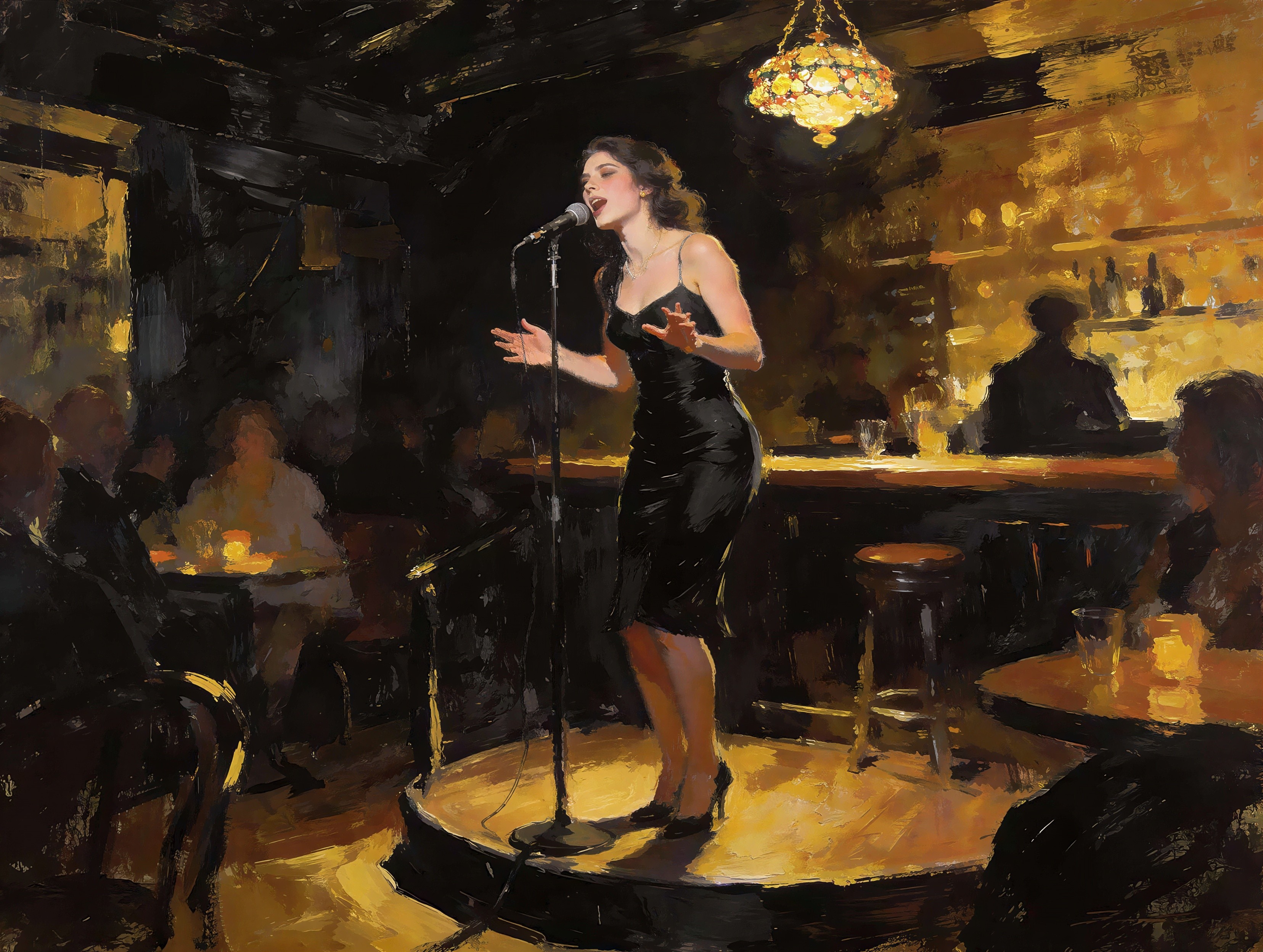 Impressionistic Oil Painting of a Woman Singing in Jazz Club
