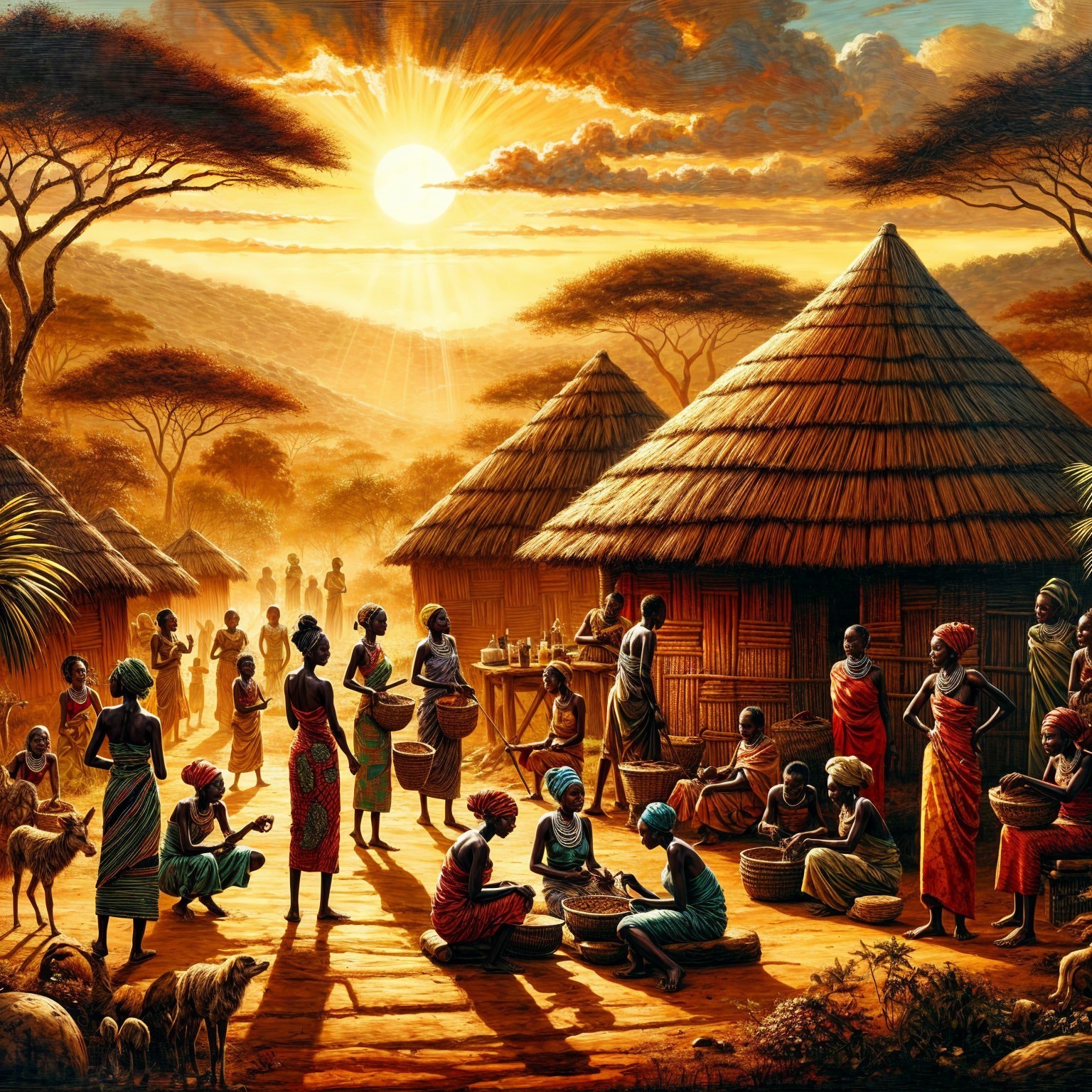 Vibrant Sunset Over a Bustling Village Scene