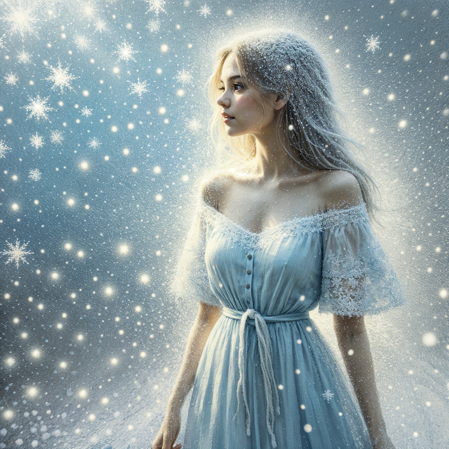 Serene Woman in Light Blue Dress in Snowy Landscape