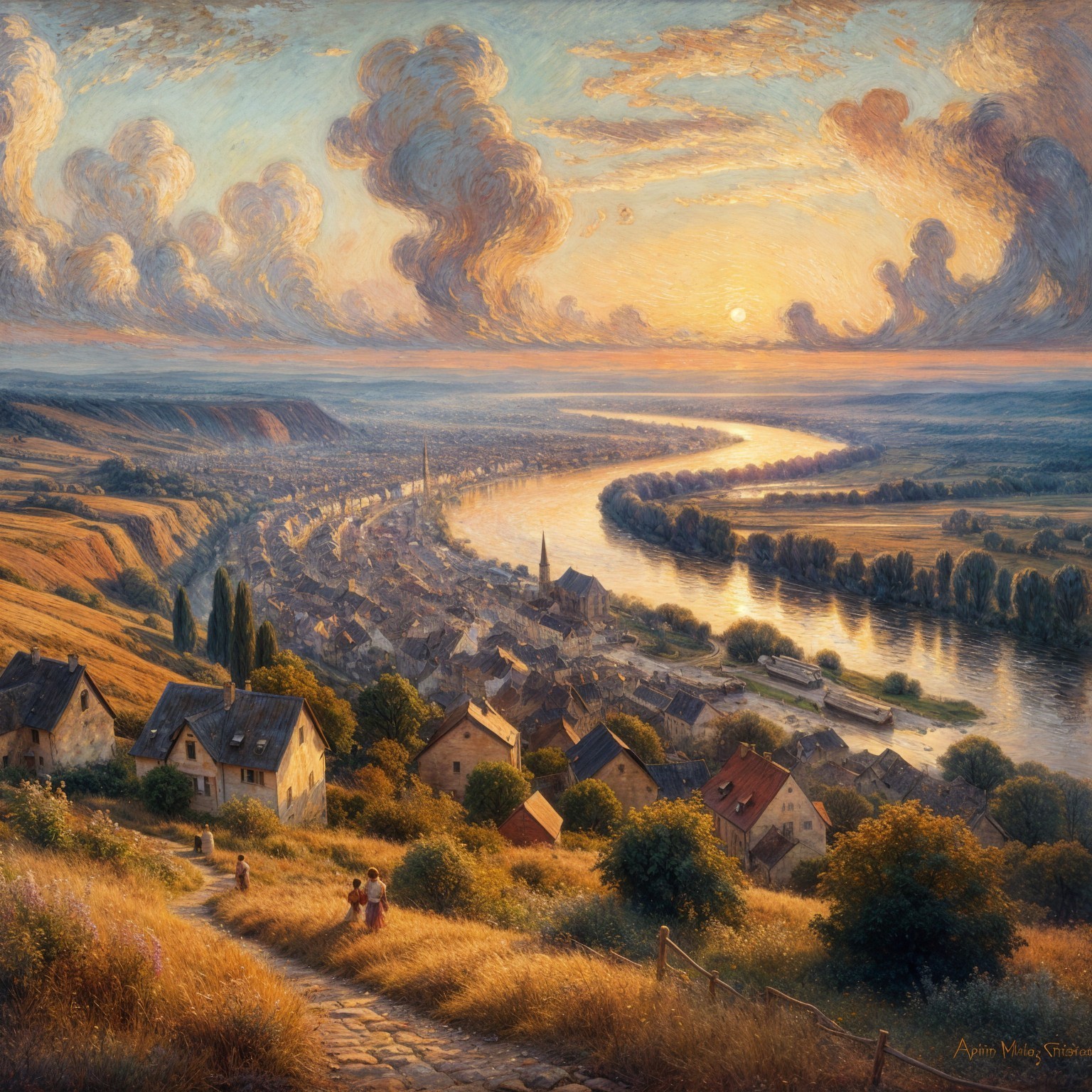 Serene Sunset Over River and Rolling Hills Landscape