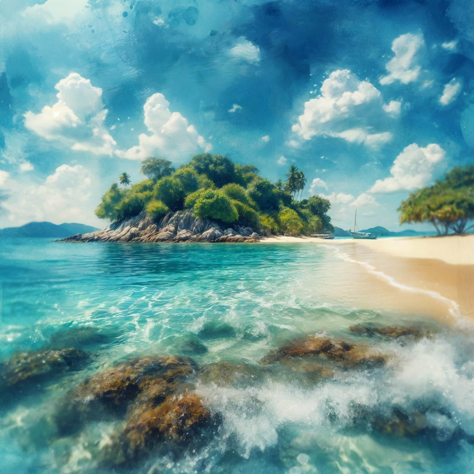 Tropical Beach Scene with Turquoise Waters and Lush Greenery
