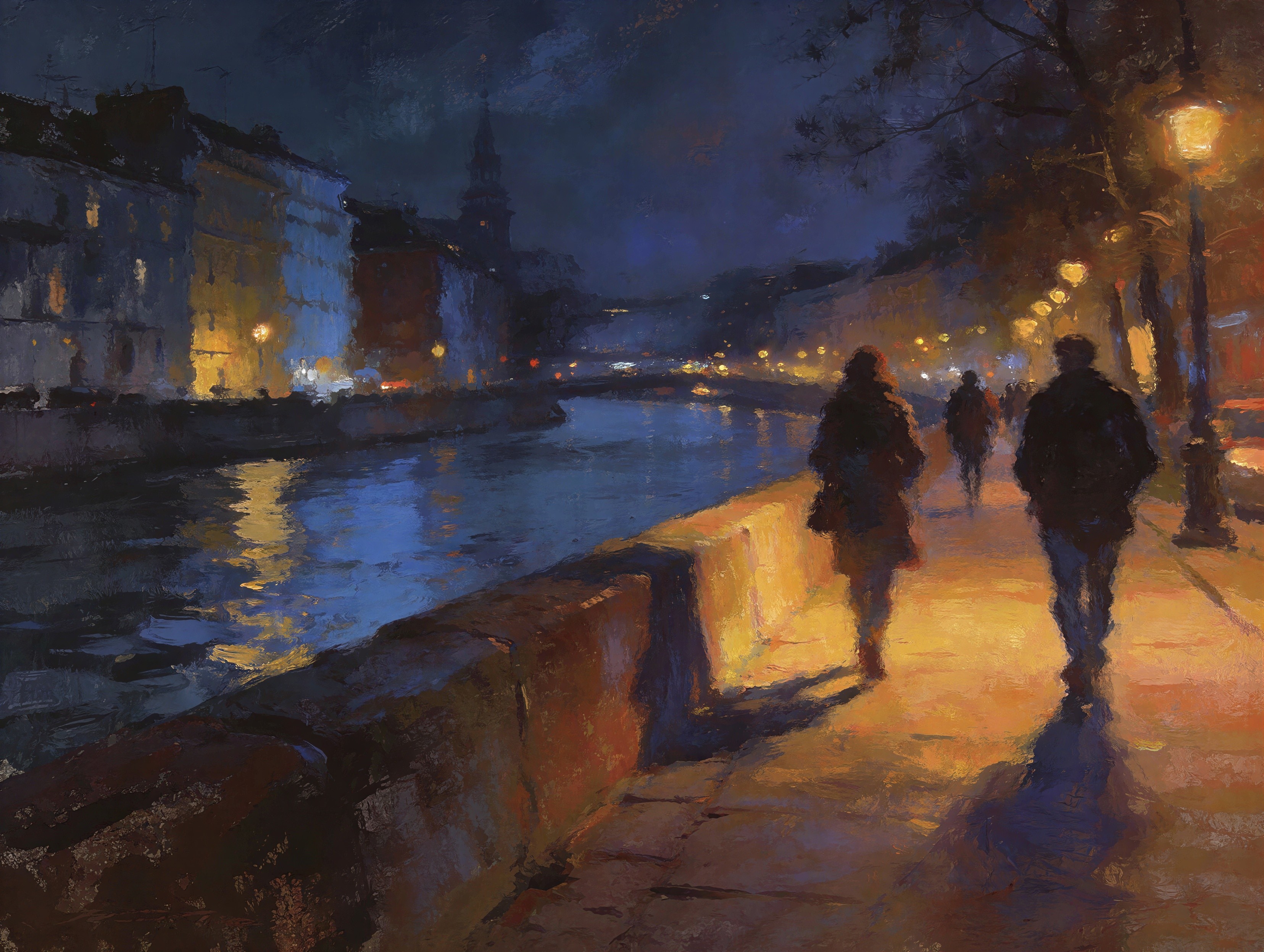 Impressionistic Night Scene of European City Street