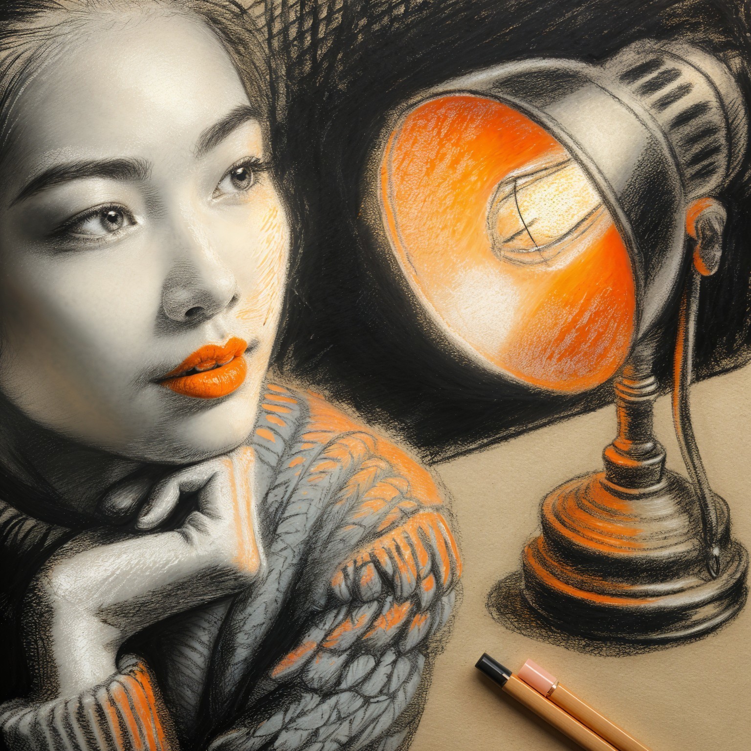 Monochromatic Sketch of a Young Woman by a Lamp