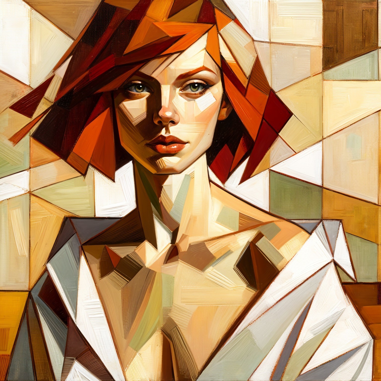 Stylized portrait of a woman with red hair and geometry