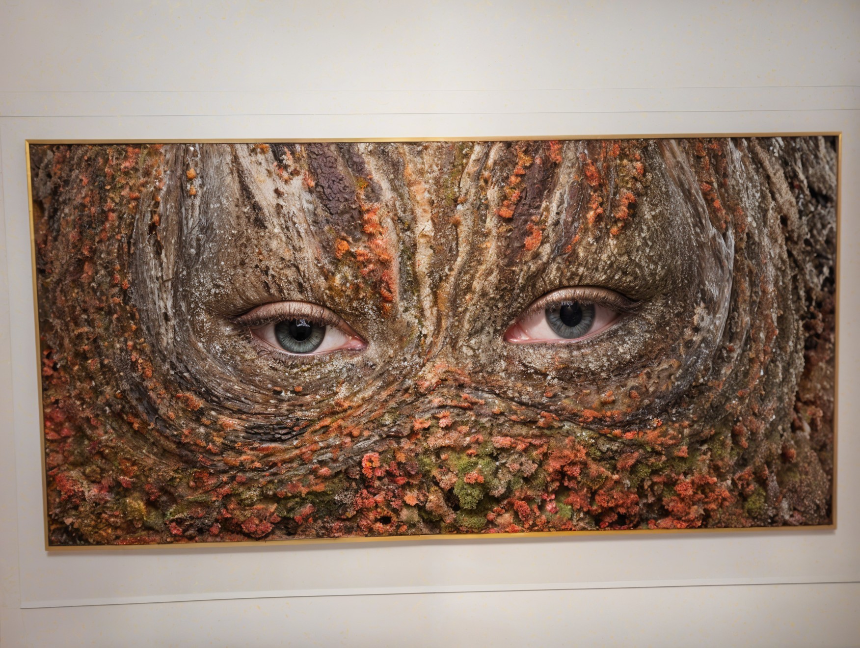 Close-up of Blue Eyes Behind Textured Natural Surface