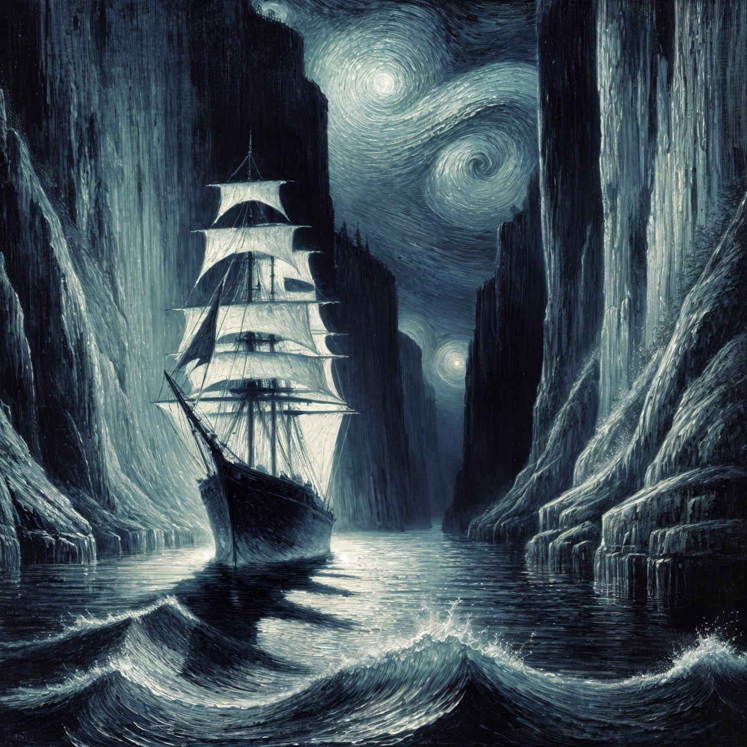 Tall Ship in Rocky Passage Under Starry Night Sky