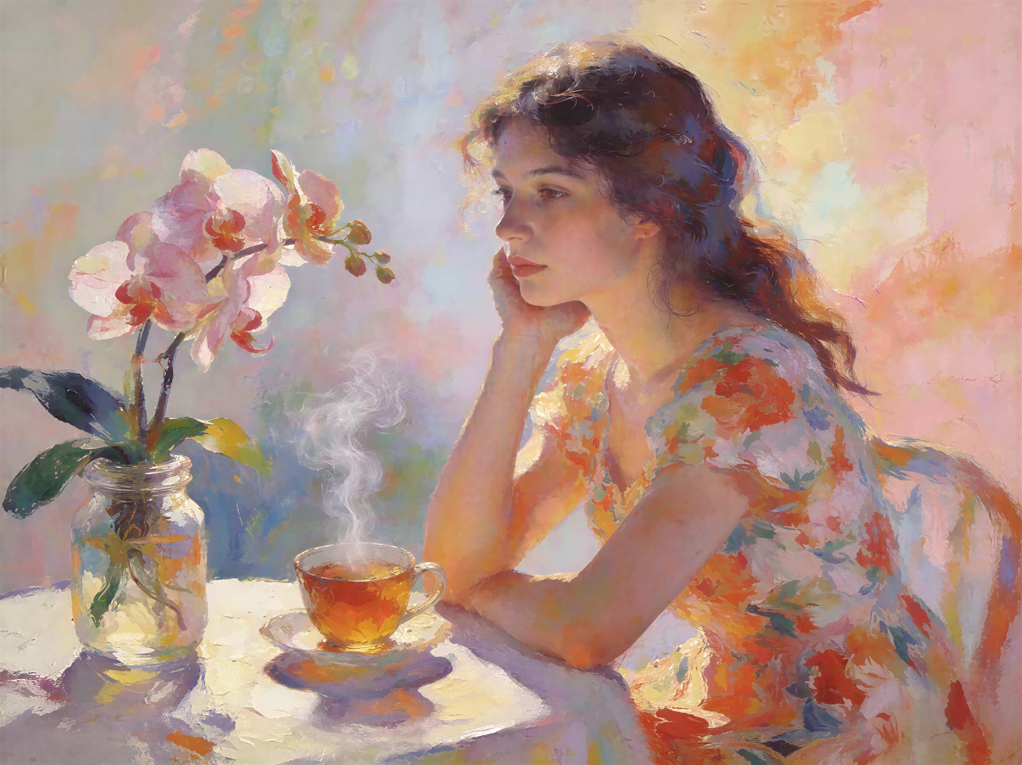 Impressionistic Painting of a Thoughtful Young Woman