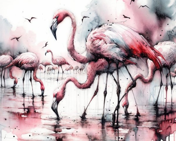 Flamingos in Serene Water with Soft Pink Hues