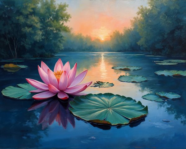 Vibrant Pink Lotus Flower on Tranquil Pond Landscape