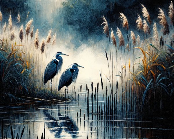 Serene Landscape with Herons by Calm Waterway