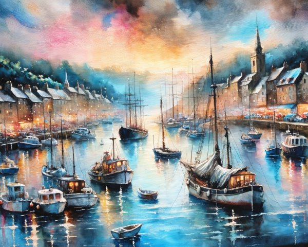 Twilight Coastal Harbor with Boats and Charming Buildings