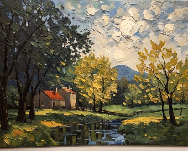 Serene Autumn Landscape with Rustic Houses and Stream