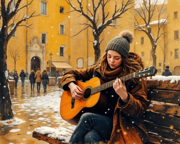 Young Woman Playing Guitar in Snowy Scenic Setting