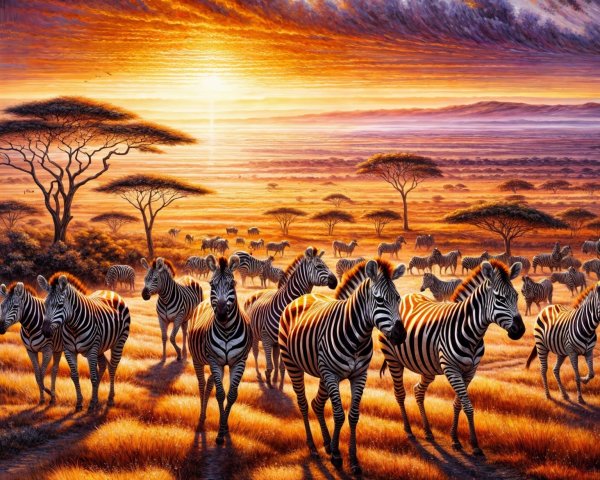 Sunset Over Savanna with Grazing Zebras and Acacia Trees