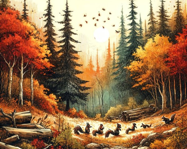 Autumn Forest Scene with Vibrant Leaves and Wildlife