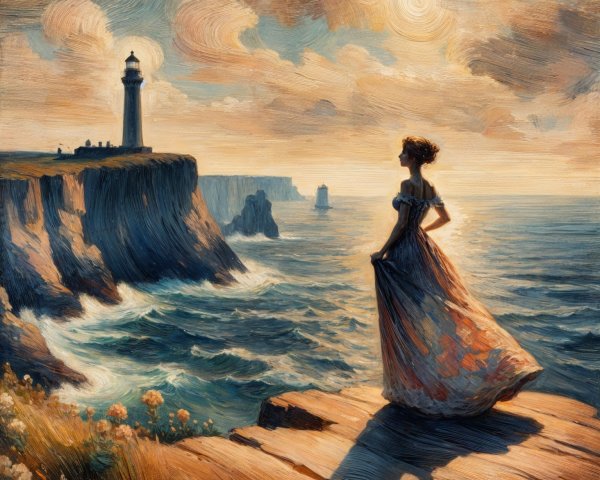 Coastal Scene with Woman on Cliff at Sunset