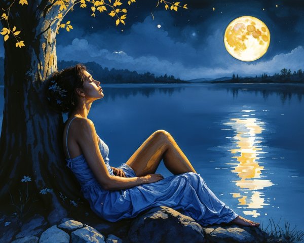 Woman in Blue Dress by Tranquil Lake at Night