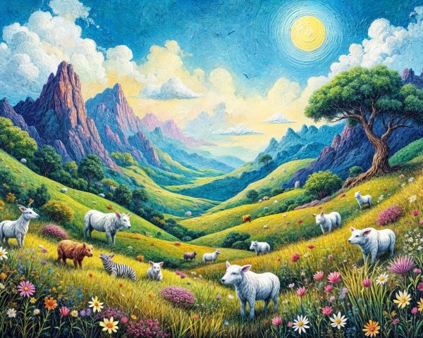 Vibrant Landscape with Hills, Mountains, and Wildlife