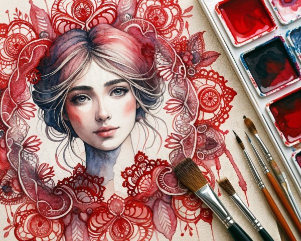 Watercolor Portrait of a Young Woman with Lace Patterns