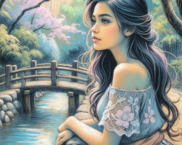 Young Woman by Stone Bridge in Tranquil Setting