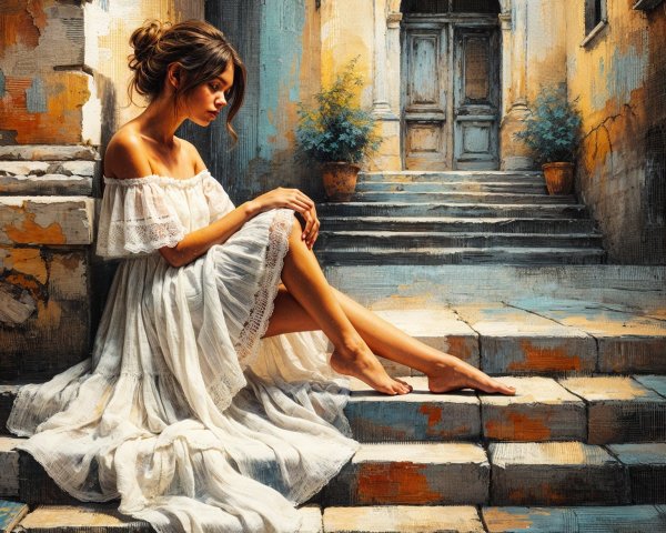Young Woman in White Dress on Rustic Stone Steps