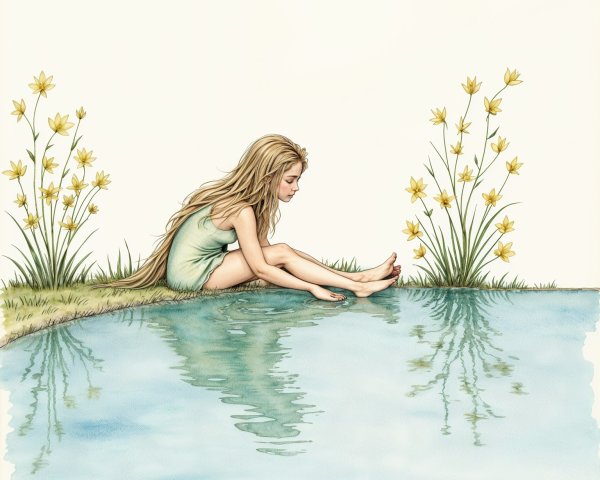 Young girl reflecting by a tranquil pond with flowers