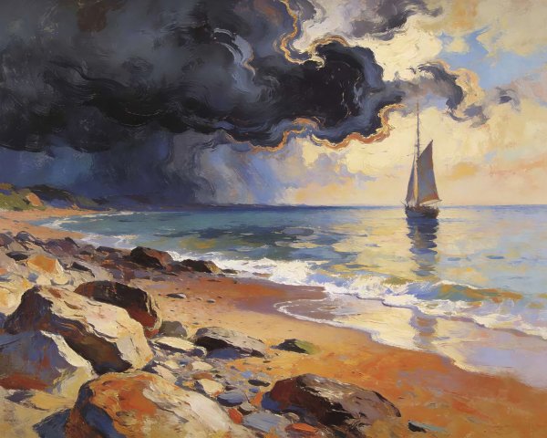 Impressionistic Oil Painting of Sailboat in Storm