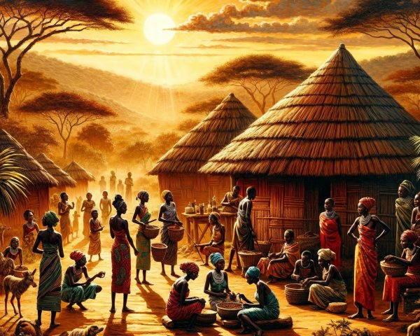 Vibrant Sunset Over a Bustling Village Scene