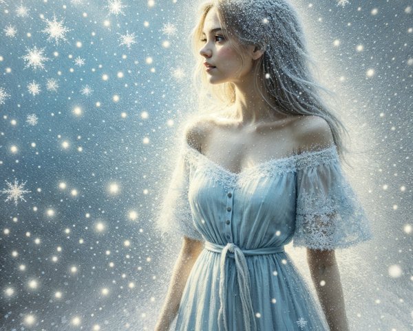 Serene Woman in Light Blue Dress in Snowy Landscape
