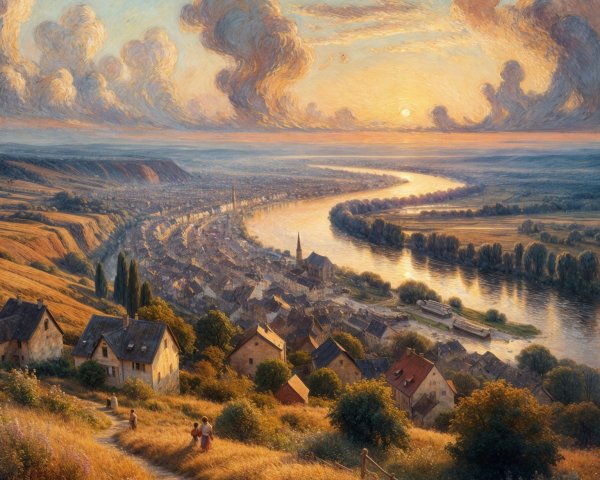 Serene Sunset Over River and Rolling Hills Landscape