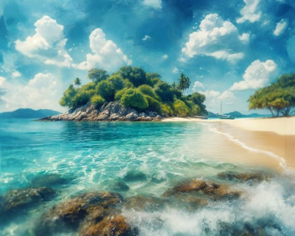 Tropical Beach Scene with Turquoise Waters and Lush Greenery