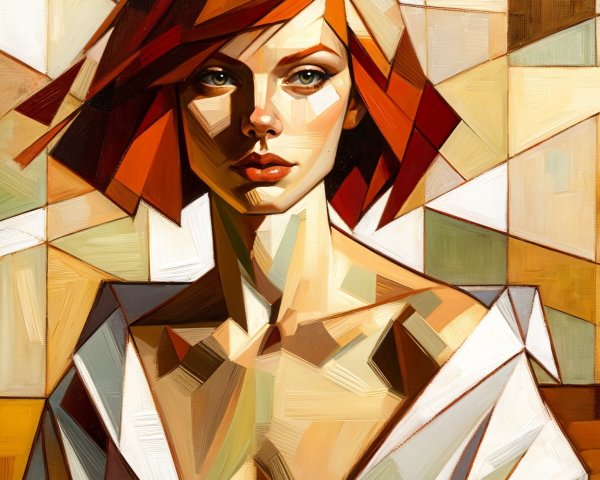 Stylized portrait of a woman with red hair and geometry