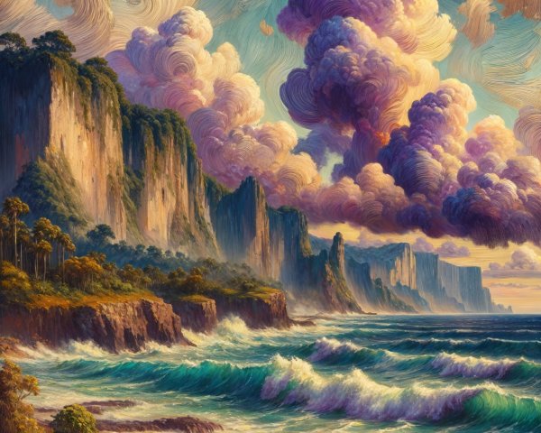 Dramatic Cliffs and Vibrant Seascape with Waves