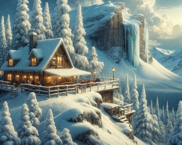 Cozy Cabin in Snowy Winter Landscape at Night