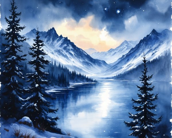 Serene Winter Landscape with Snow-Capped Mountains