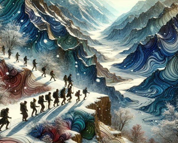 Hikers on a snowy mountain path with colorful patterns
