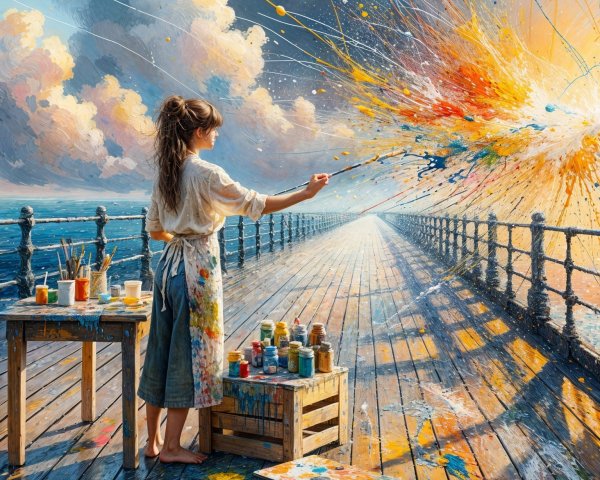 Young artist painting vibrant colors on a pier