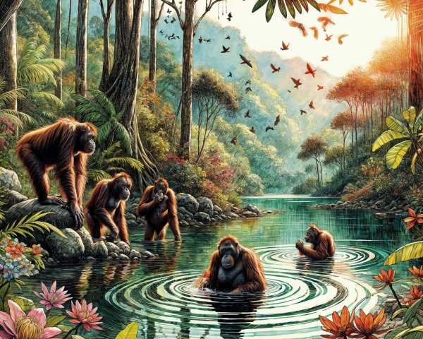 Orangutans Interacting in a Lush Rainforest Setting