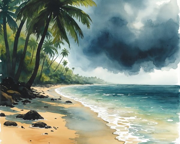 Tropical Beach with Golden Sands and Dramatic Sky