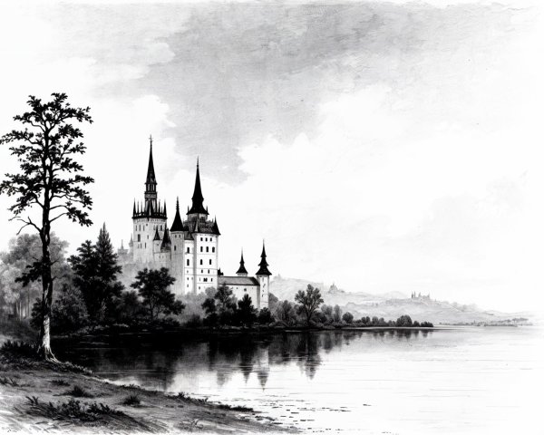Black-and-white illustration of a castle by a lake