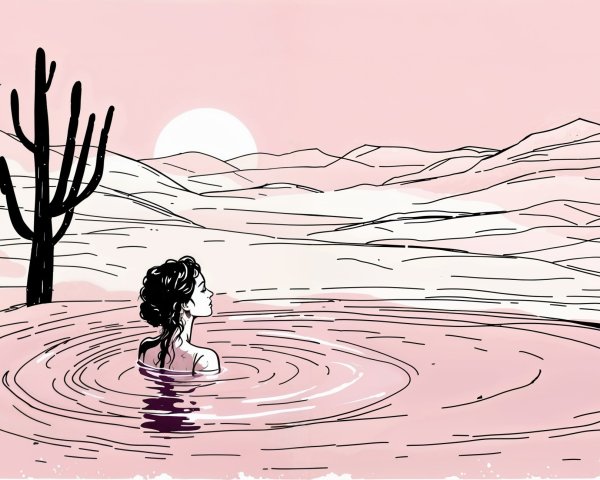 Serene Woman in Sunset Reflected Waters with Mountains