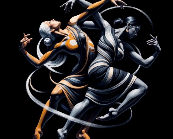 Dynamic Dancers in Contrasting Colors on Black Background