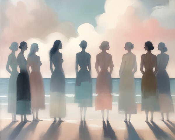 Silhouettes of Women on a Serene Coastal Beach