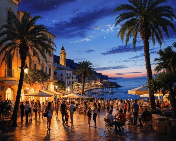 Coastal Plaza at Dusk with Palm Trees and Cafes