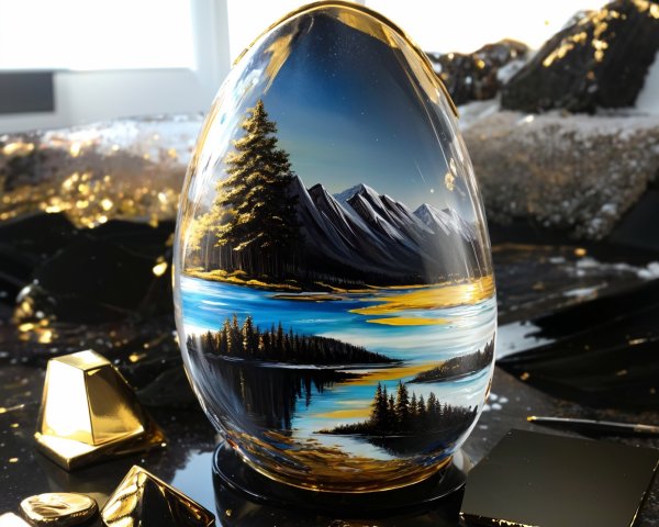 Glass Egg Art Featuring Serene Landscape and Sunset