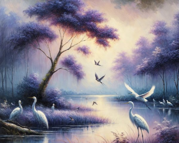 Serene Landscape with White Herons and Purple Trees